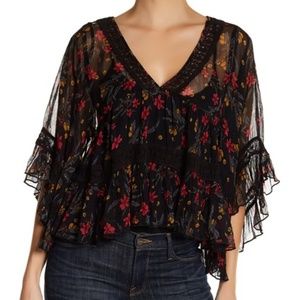 Free People Bell Sleeve Floral Crochet Lace Blouse